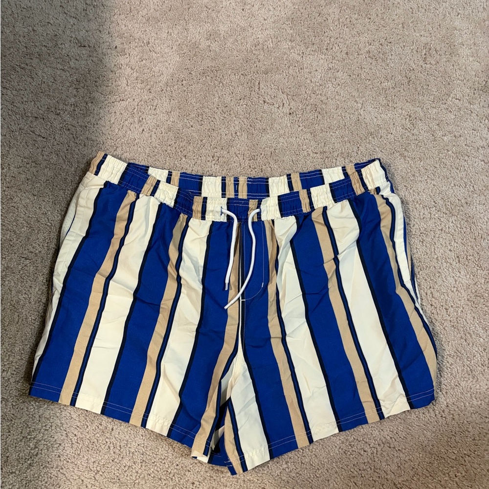 Original Use Navy and Beige Striped Swim Trunks
